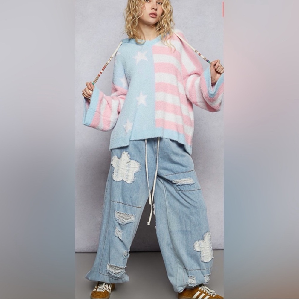 POL STRIPE STAR PINK AND BLUE OVERSIZED COZY HOODIE SIZE MEDIUM NWT - Picture 6 of 9